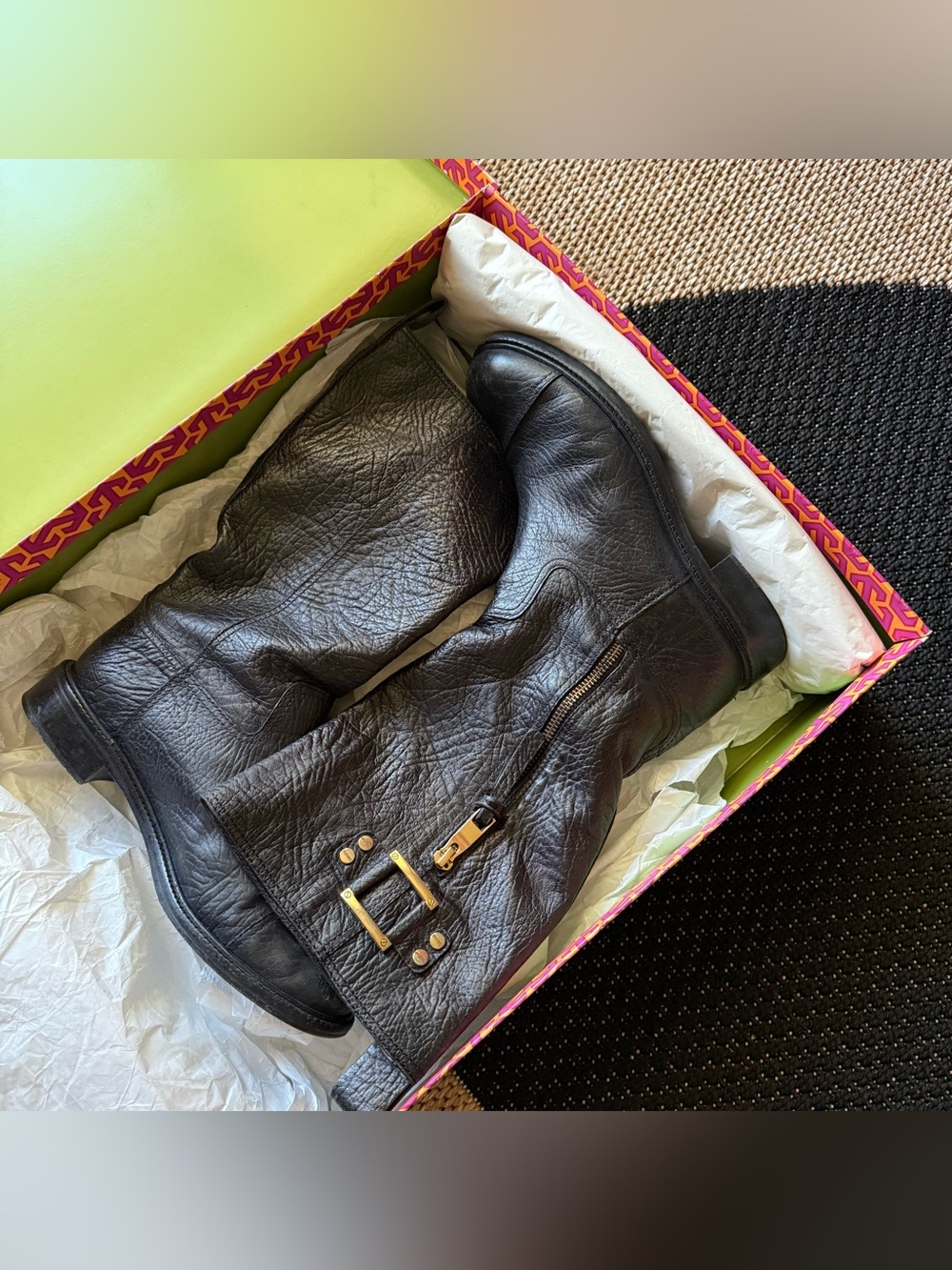 Vintage Tory Burch Black Leather Boots with Gold Hardware